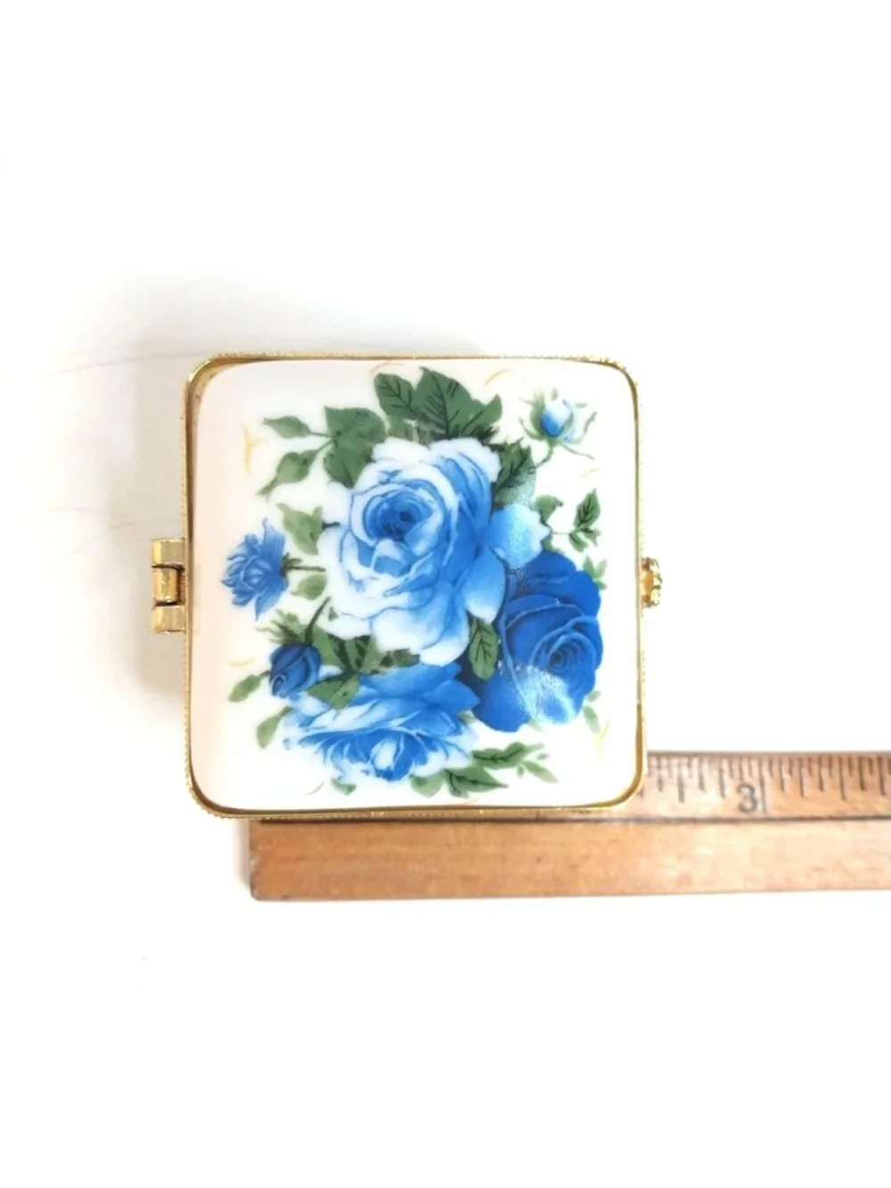 Porcelain Trinket Pill Box Blue Roses Floral Gold Trim Hinged Lid Square 2.25